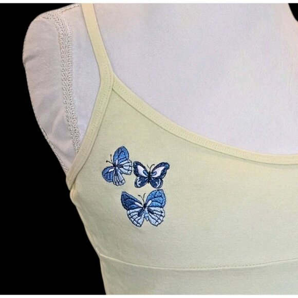 VTG Y2K Energie Light Yellow Babydoll Tank Embroidered Butterfly Cropped Sz M - Picture 3 of 7